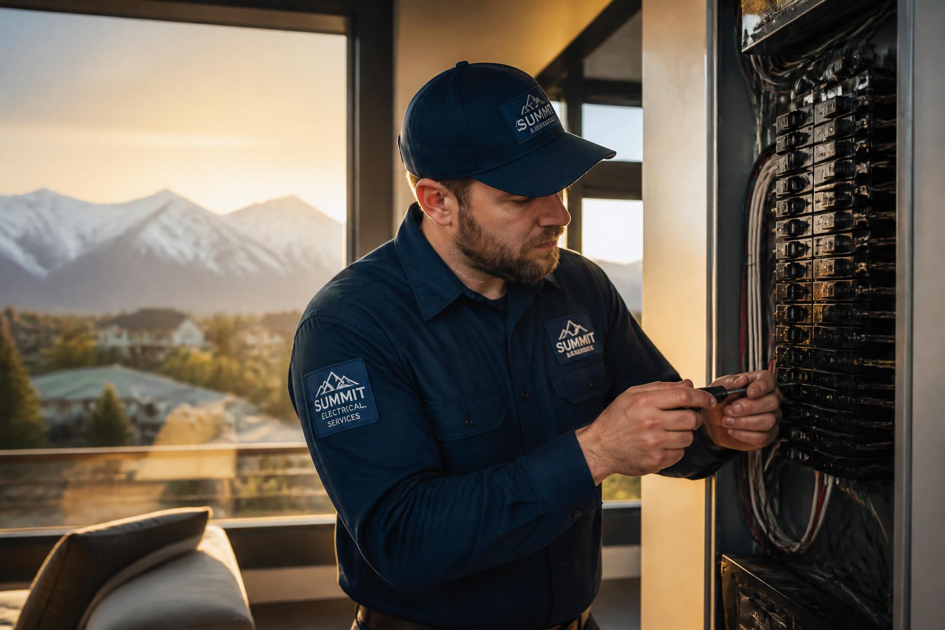 Master electrician upgrading a home electrical panel with the Wasatch Front behind